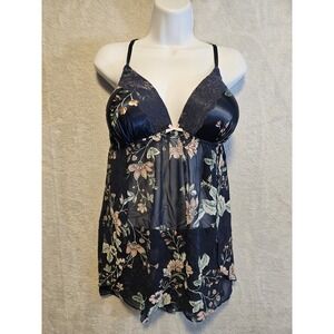 Apt. 9 XXL Women's Y2K Navy Floral Lingerie Babydoll Top Lace Fairy Coquette EUC